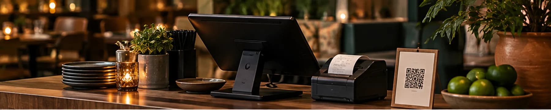 Mostrador de restaurante con un código QR visible para propinas digitales